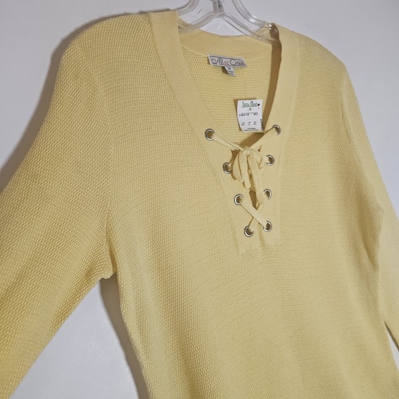 All at Once Sweater Womens Medium Yellow Waffle Knit Lace Up Tie Neck Tunic Top - Picture 4 of 15